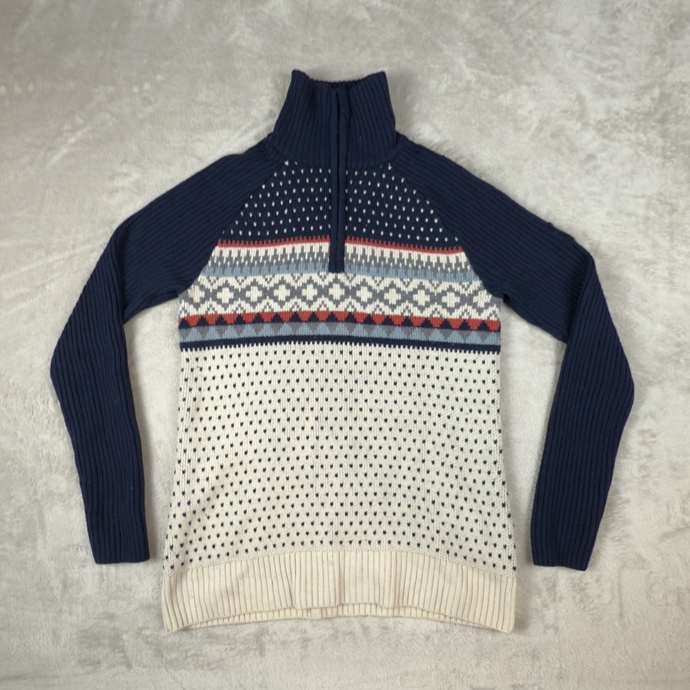 L.L. Bean Navy and Cream Fair Isle Half-Zip Turtleneck Sweater